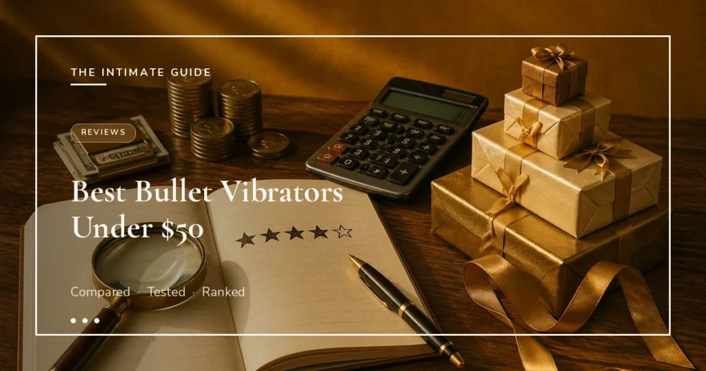 Five-star rating in journal beside calculator, coins, money clip, and stacked gold gifts on amber wall — best bullet vibrators under $50.
