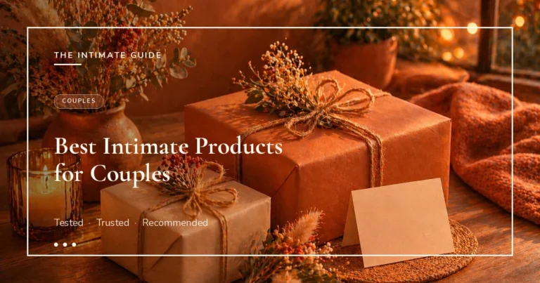 Wrapped gift boxes with dried botanicals, candle, and blank card on a wooden surface — best intimate products for couples.