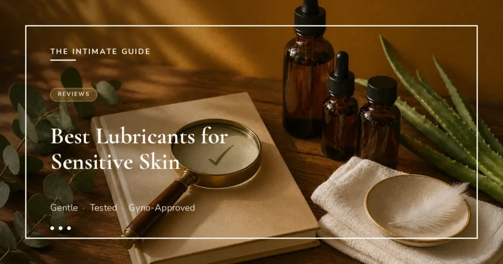 Amber dropper bottles beside aloe leaf, eucalyptus, white feather in dish, and journal with magnifying glass — best lubricants for sensitive skin.