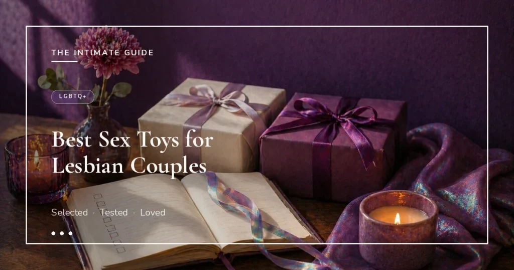 Wrapped gift boxes, open journal, single chrysanthemum, candle, and iridescent fabric on plum wall — best sex toys for lesbian couples.