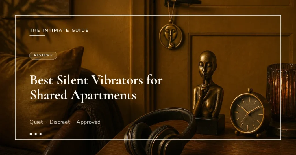 Headphones beside silence-gesture figurine, antique clock, candle, and amber-walled door — best silent vibrators for shared apartments.