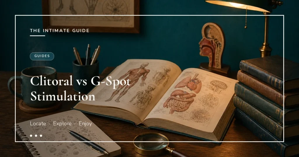 Open vintage anatomy book, cell-diagram notebook, magnifying glass, brass lamp, and study desk on teal wall — clitoral vs g-spot stimulation guide.