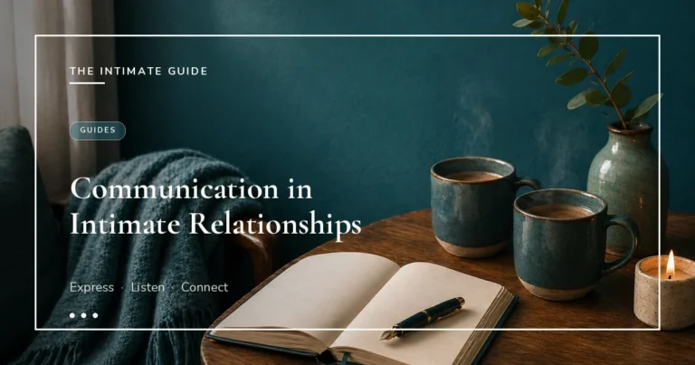 Two steaming mugs, open journal with fountain pen, knit throw, eucalyptus, and candle on teal wall — communication in intimate relationships.