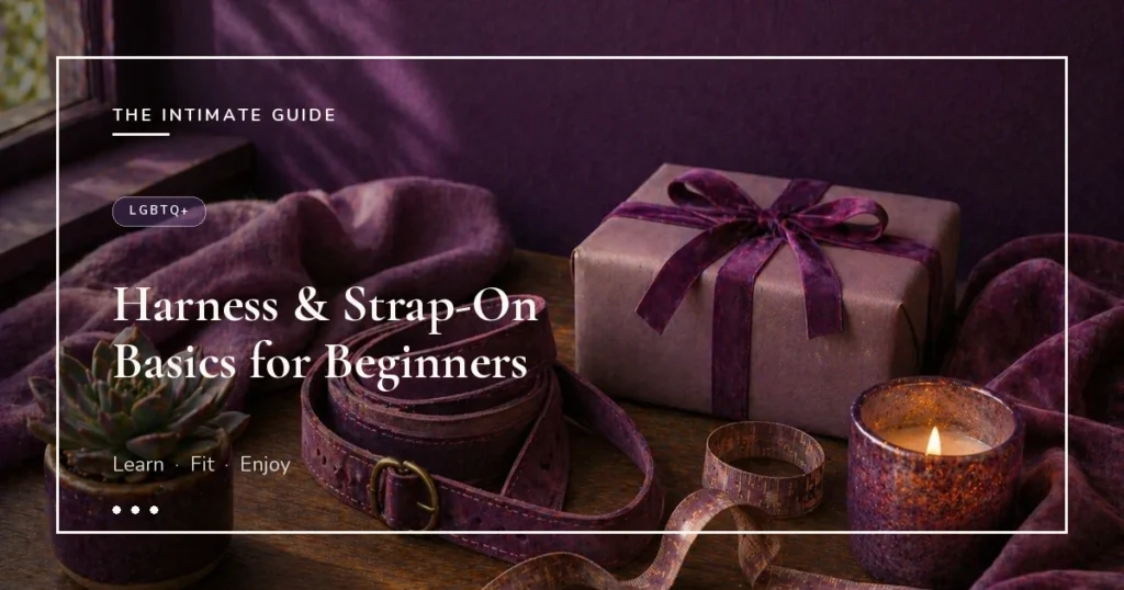 Leather harness coiled beside wrapped gift, succulent, candle, and measuring tape on plum wall — harness and strap-on basics for beginners.