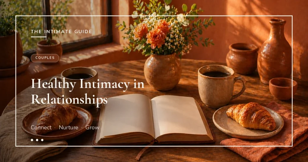 Breakfast scene with coffee, croissants, flowers, and journal on terra wall — healthy intimacy in relationships.