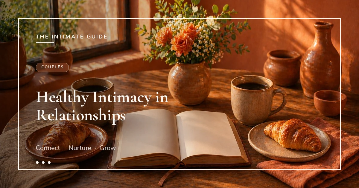 Breakfast scene with coffee, croissants, flowers, and journal on terra wall — healthy intimacy in relationships.
