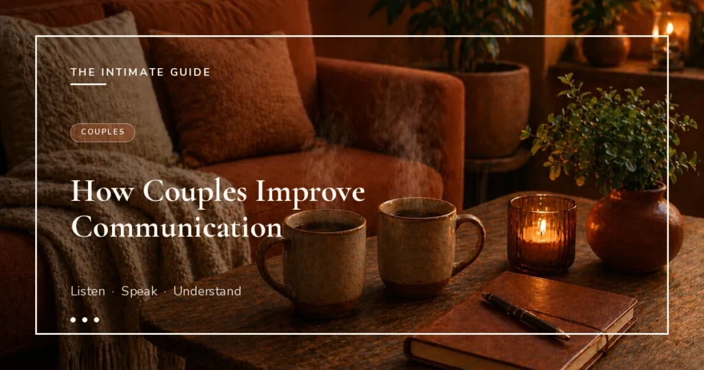 Two steaming mugs, candle, and leather journal on a coffee table beside a warm sofa — how couples improve communication.