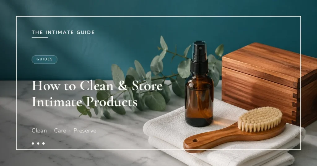 Amber spray bottle, eucalyptus, soft brush, folded white towels, and wooden storage box on marble counter — how to clean and store intimate products.