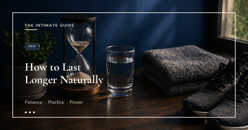 Hourglass with falling sand, glass of water, folded towels, and running shoes on a dark wood desk — how to last longer naturally.