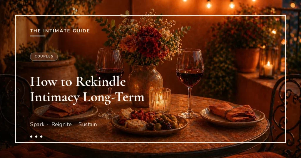 Outdoor terrace dinner with red wine, candle, charcuterie, and string lights — how to rekindle intimacy long-term.