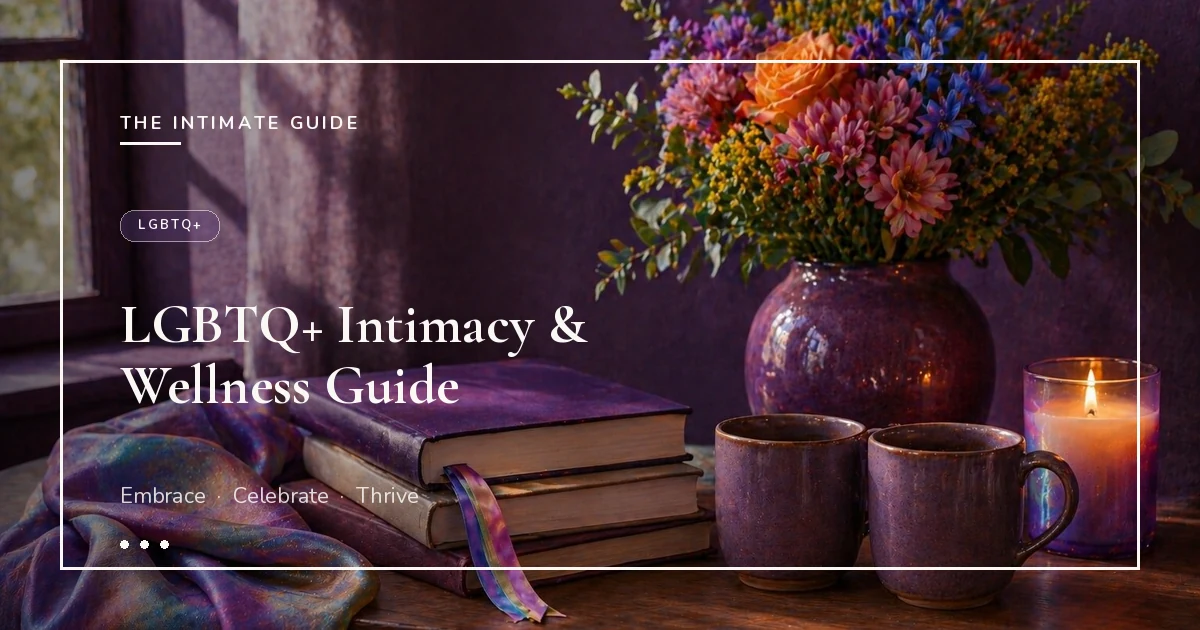 Bouquet of mixed flowers, books with rainbow ribbon, two mugs, and silk fabric on plum wall — LGBTQ+ intimacy and wellness guide.