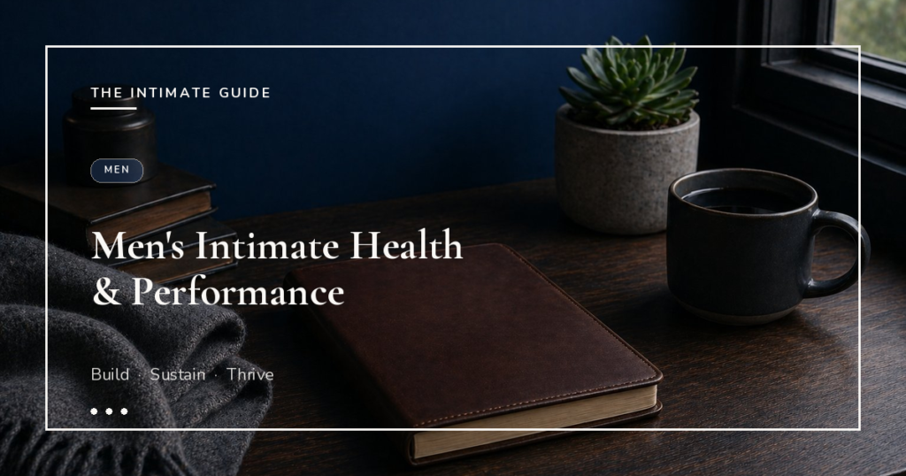Leather journal, dark mug, succulent, and folded scarf on a wooden desk against a navy wall — men's intimate health guide.