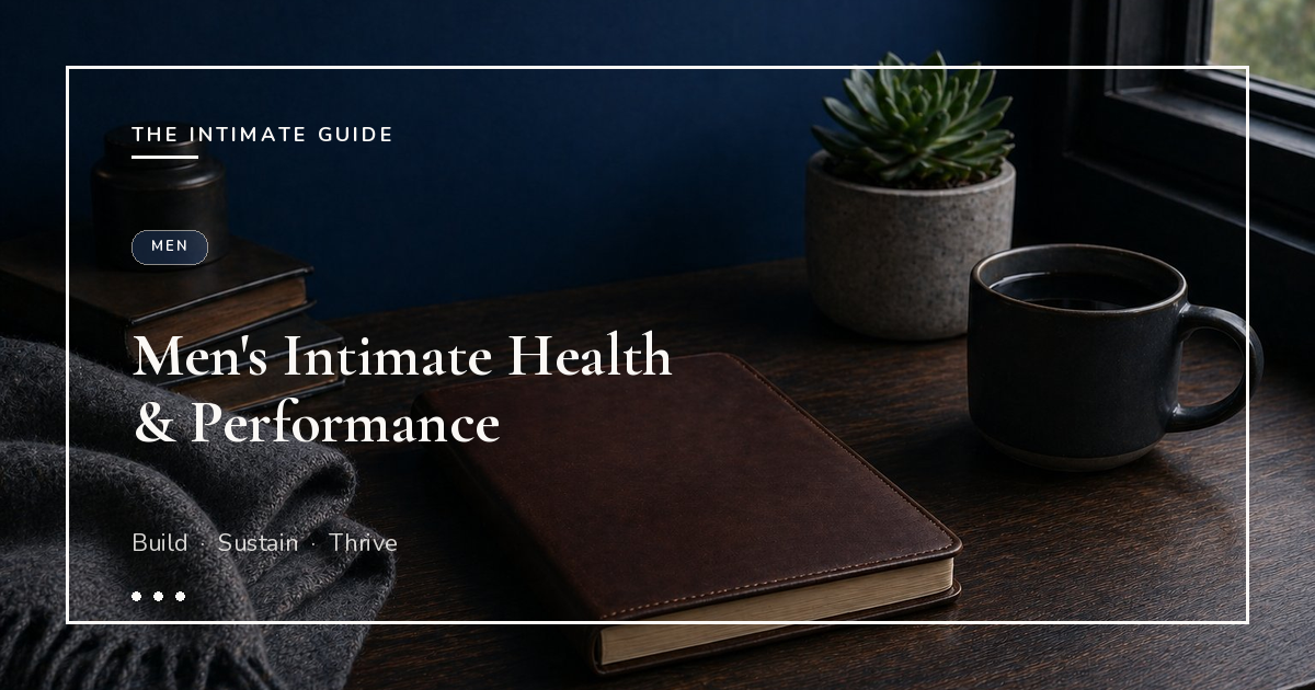 Leather journal, dark mug, succulent, and folded scarf on a wooden desk against a navy wall — men's intimate health guide.