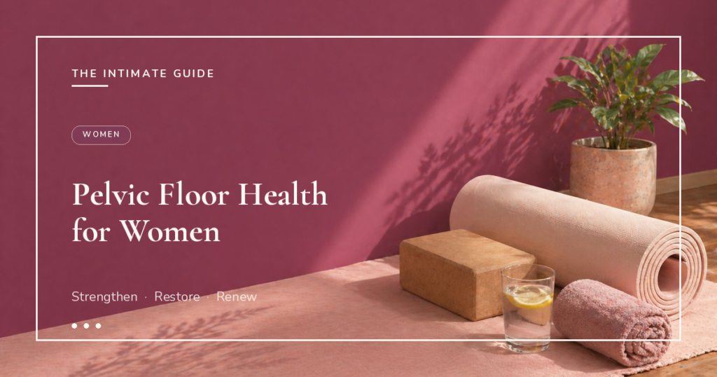Rolled yoga mat, cork block, lemon water, and folded towel against a rose wall — pelvic floor health for women.