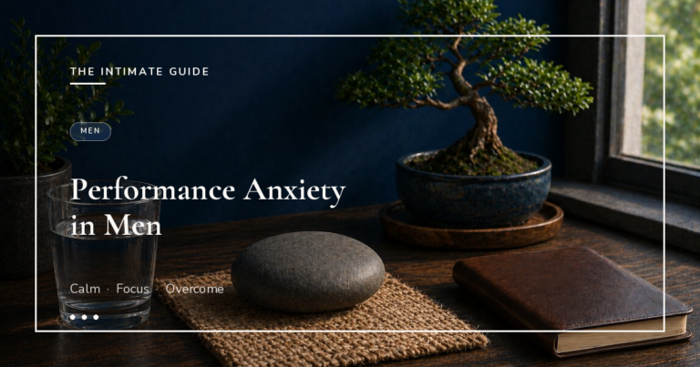 Smooth meditation stone on jute mat beside a glass of water and bonsai tree on a navy wall — performance anxiety in men.