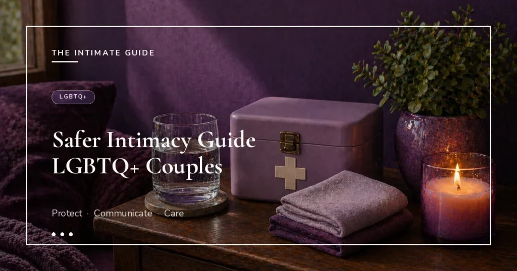Wellness kit with cross emblem, water glass, folded towel, candle, and plant on plum wall — safer intimacy guide for LGBTQ+ couples.