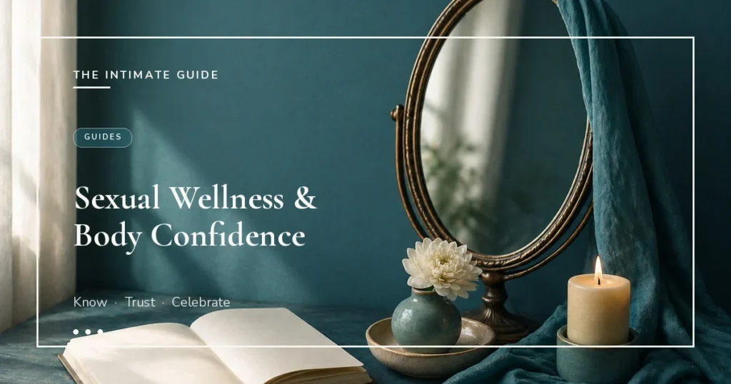 Vintage oval mirror, white chrysanthemum, candle, and open journal on teal wall — sexual wellness and body confidence guide.