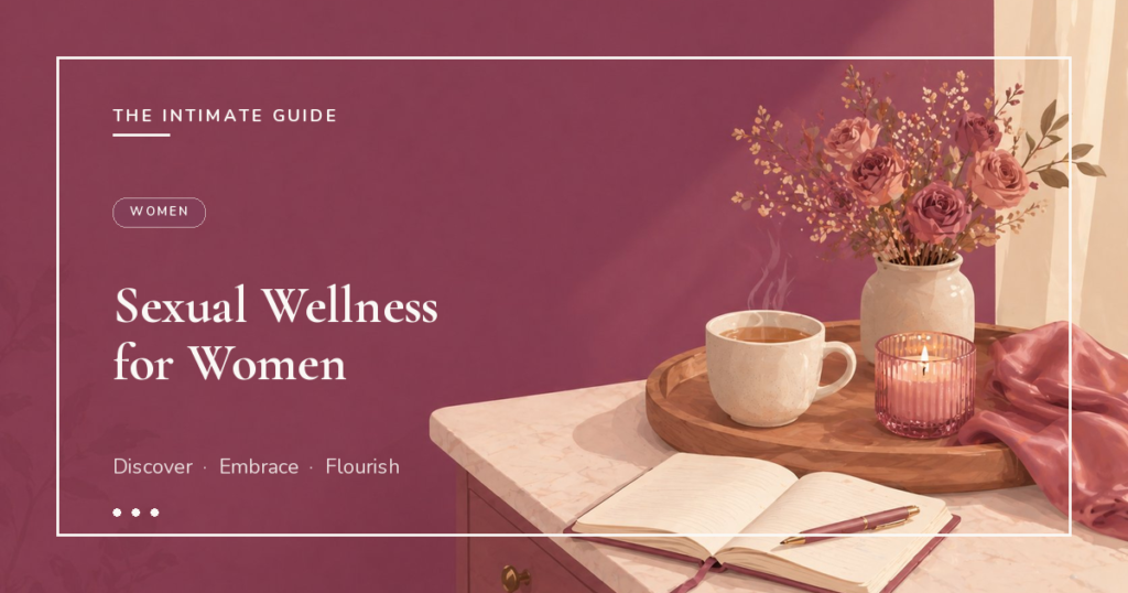 Pink roses in a vase beside a steaming mug, lit candle, and open journal on a rose-toned wall — sexual wellness for women.