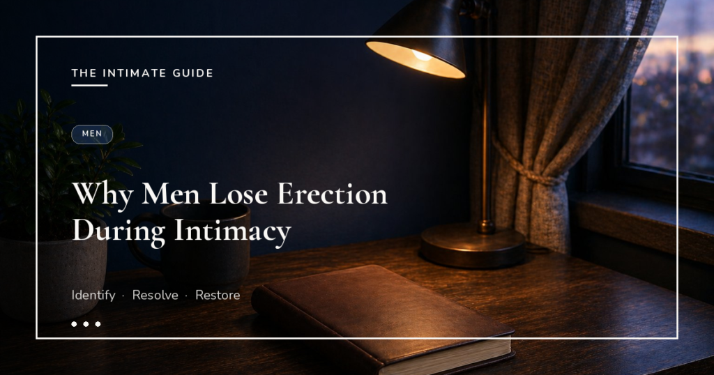 Lit desk lamp casting warm light over a leather journal and dark mug at evening, navy wall and city window — why men lose erection during intimacy.