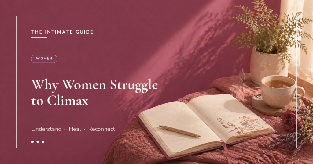 Open journal with pen, dried flowers, and tea on a knit throw — exploring why women struggle to climax.